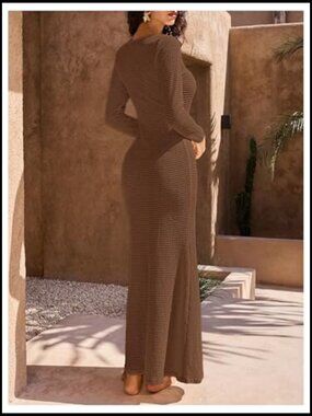 Long Sleeve Crochet Maxi Dress with Metal Cutouts Beach Coverup